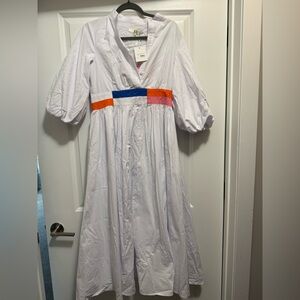 White High-Waisted Belt Dress with Pink Accent